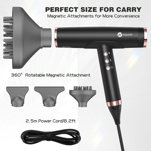 slopehill Professional Ionic Hair Dryer with Diffuser - Lightweight, Compact, Powerful & Fast Salon Blow Dryer with High Speed Brushless Motor for Travel, Women & Men Ceramic, Black LH1003