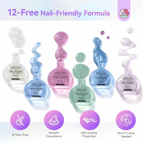SAVILAND Quick-Dry Nail Polish Kit - 6+1 Colors with 3-in-1 Base, Top Coat & Cuticle Oil | Pearl Glitter Set for DIY Manicure