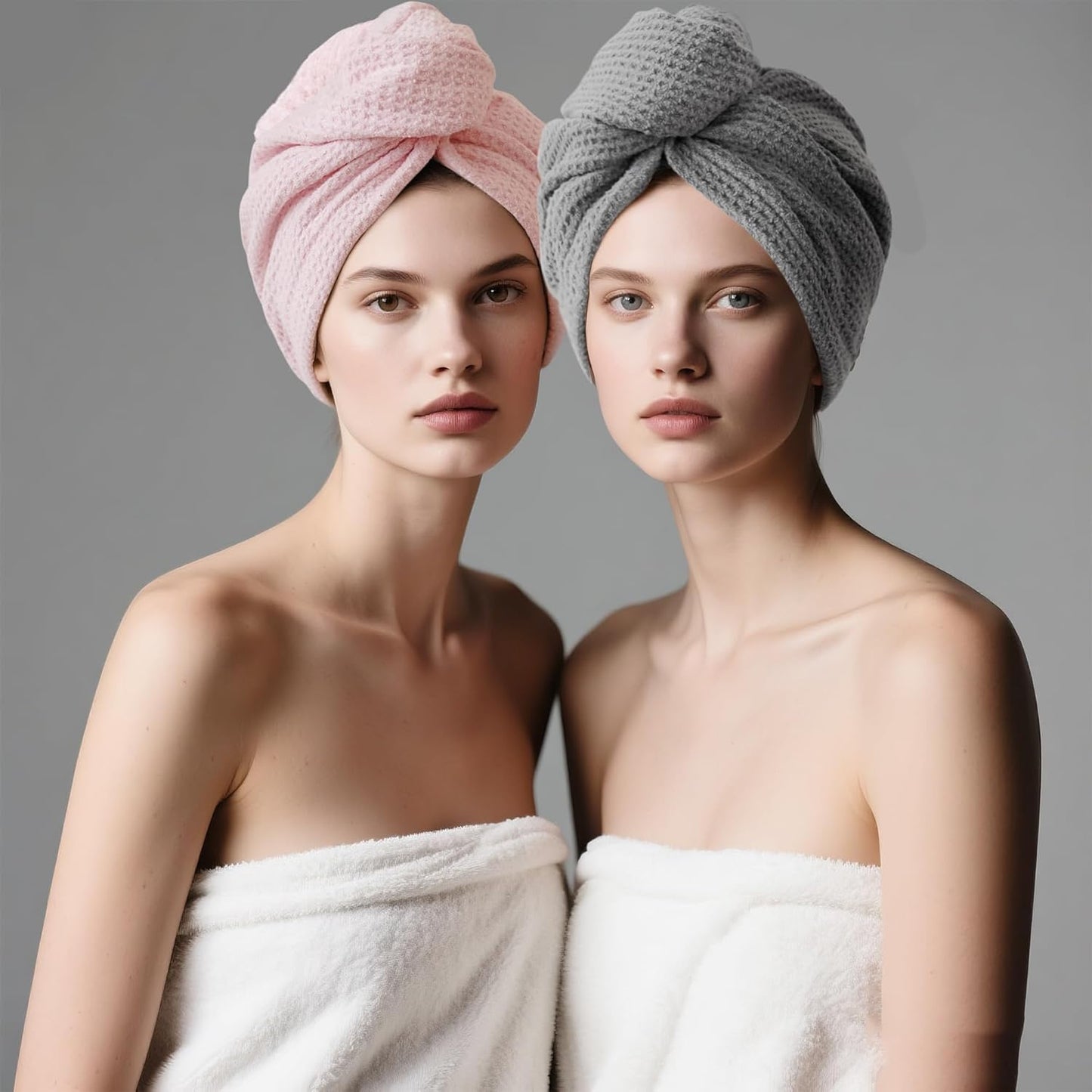 Skiennix Microfiber Hair Towel Wrap - Anti-Frizz Waffle Weave for Curly & Thick Hair | 32" x 11" (Pink & Grey)