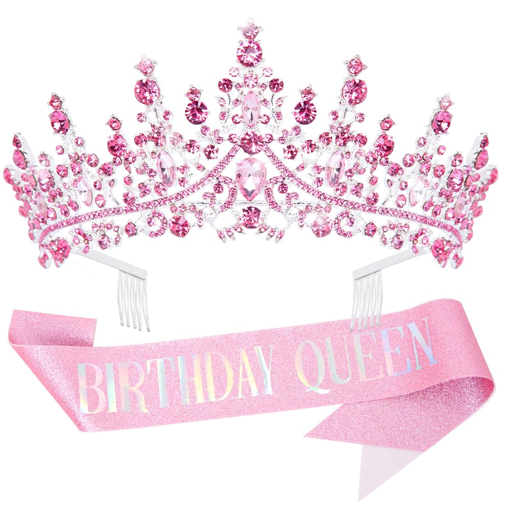 Bolonar Pink Crystal Birthday Crown for Women Birthday Queen Tiara with Combs Glitter Birthday Sash Happy Birthday Party Decorations Birthday Gifts