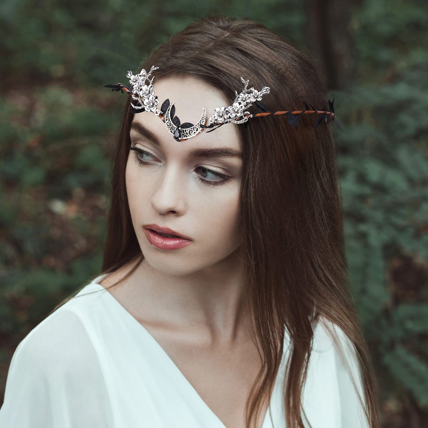 MOSTORY Elf Forest Fairy Headpiece Moon Floral Headband Woodland Elven Crown Black Leaves Circlet Peach Flower and Crystal Hair Wreath for Women Girls Cosplay Halloween Birthday Wedding