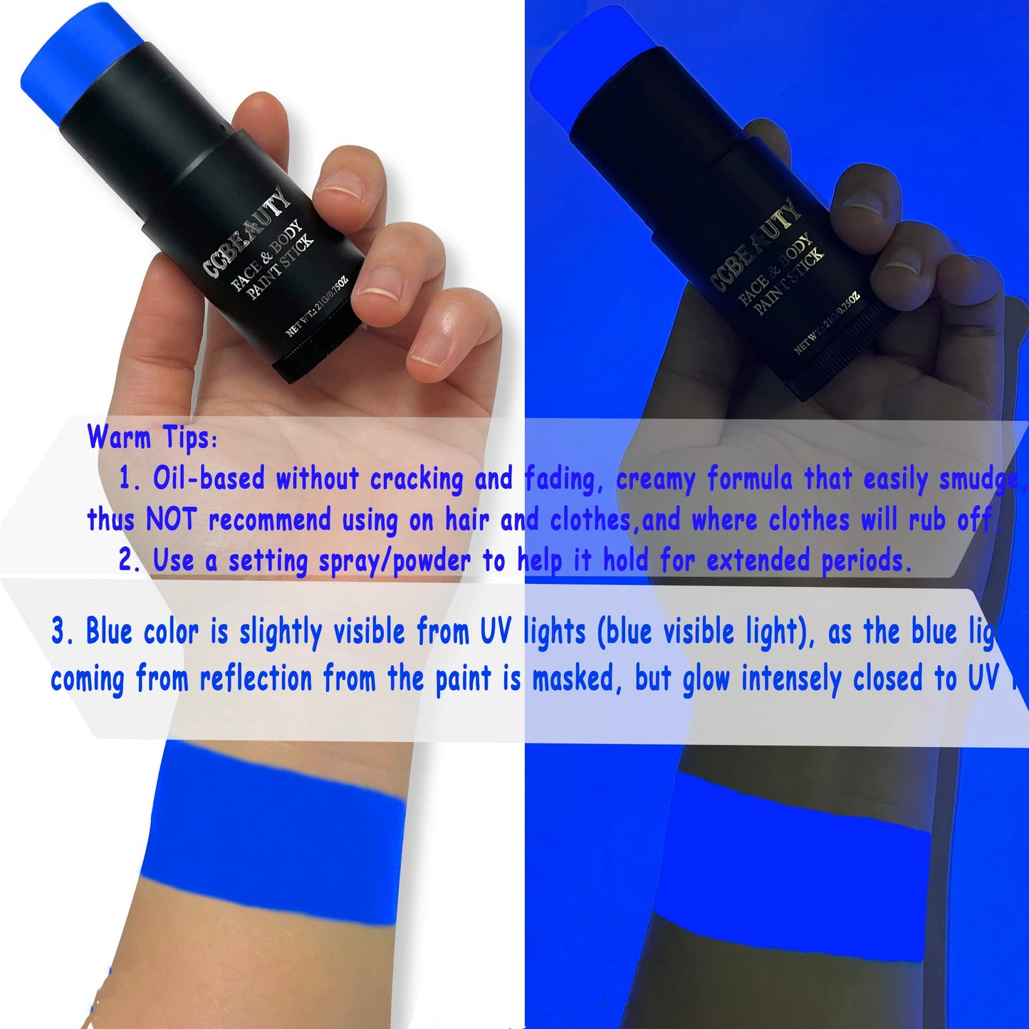 CCBeauty Halloween Neon UV Blue Face Body Paint Stick Oil, Royal Eye Black Face Painting Kit Glow in the Black Lights Makeup, Cream Dark Eyeblack Hypoallergenic Foundation for Cosplay Costume Parites