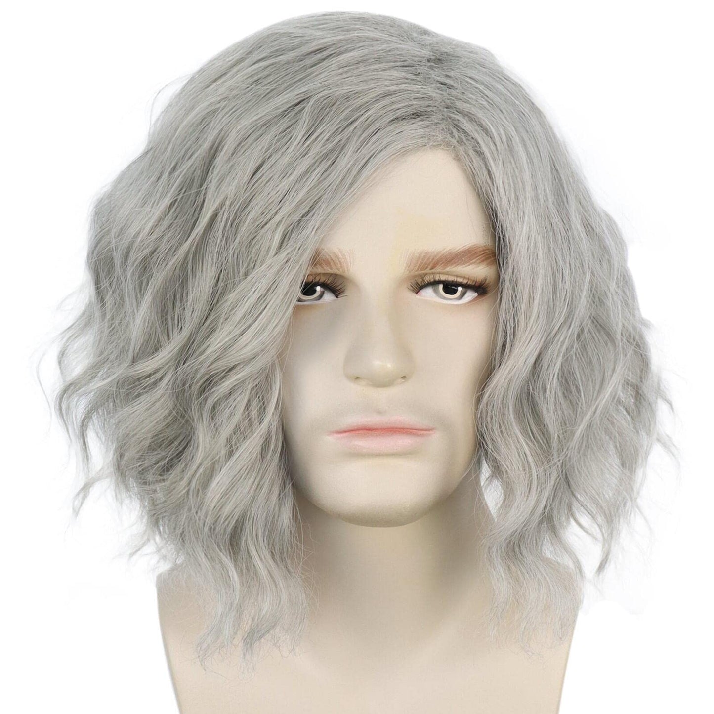 HUNIGIR Gray Mens Wig Short Wavy Wig Silver Gray Male Wig Heat Resistant Synthetic Old Man Halloween Cosplay Costume Wig (Gray)