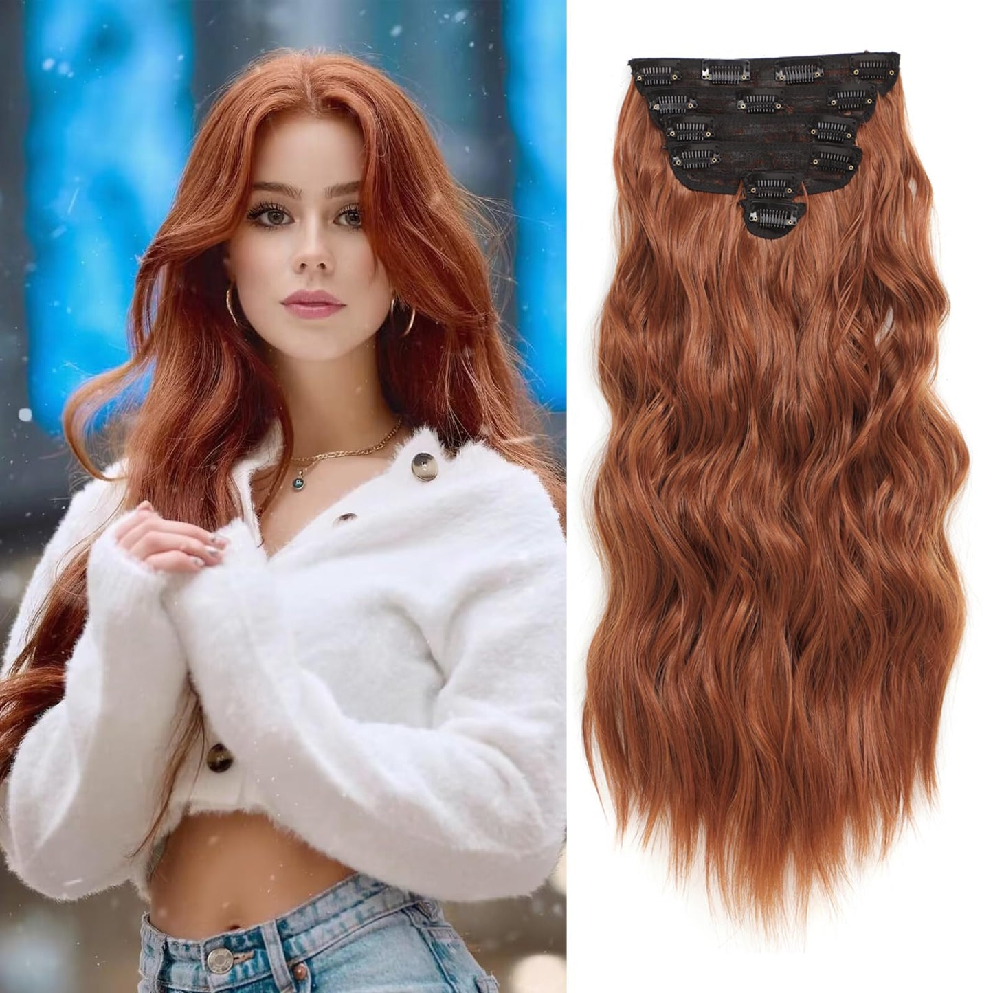 Clip in Hair Extensions for Women, 6PCS Long Wavy Curly Clip on Hair Extensions 20 Inch Copper Red Synthetic Thick Hairpieces