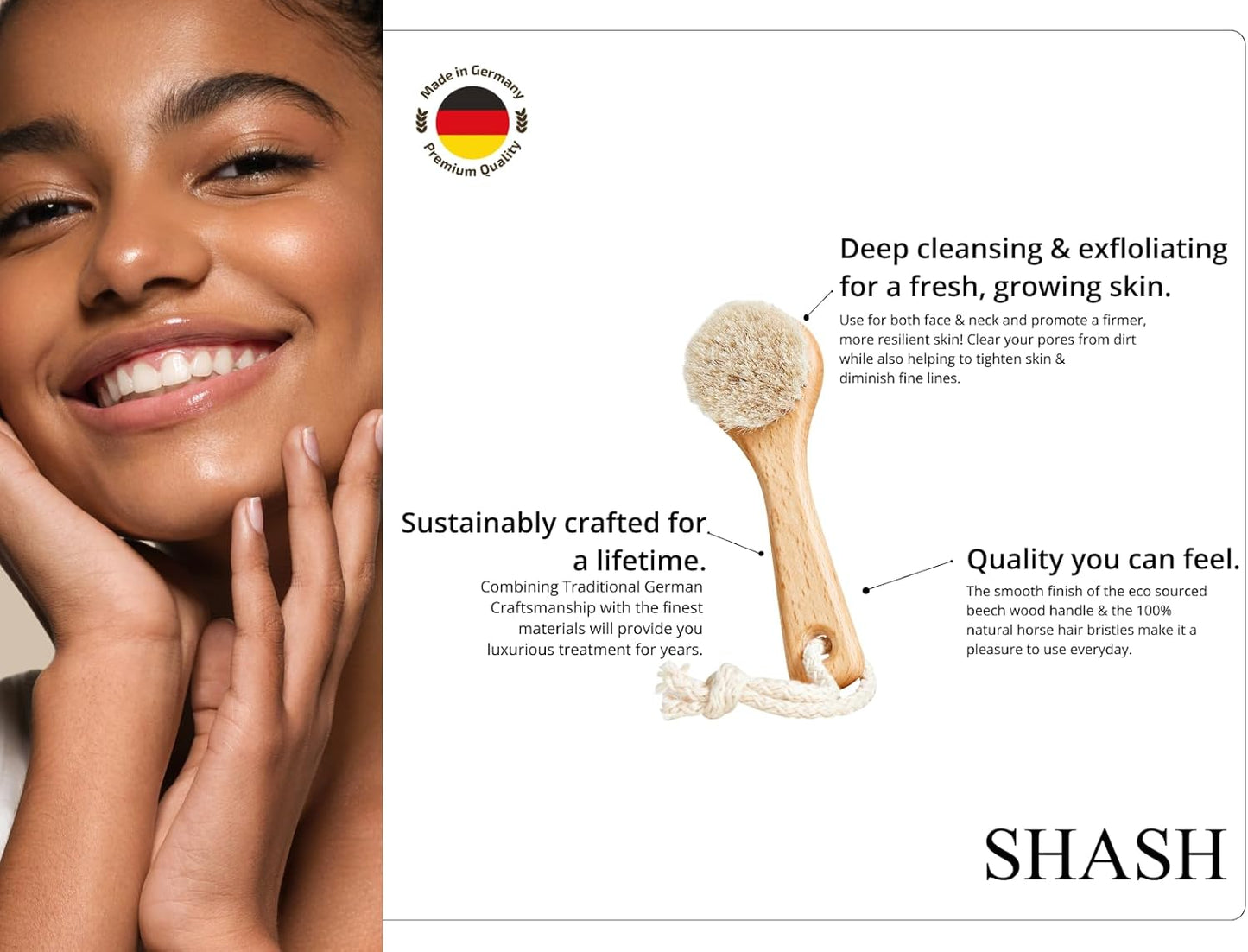 SHASH Since 1869 Exfoliating Face Brush - Sustainable Scrub Cleansing Brush for Glowing Skin | Medium Horse Hair Bristle