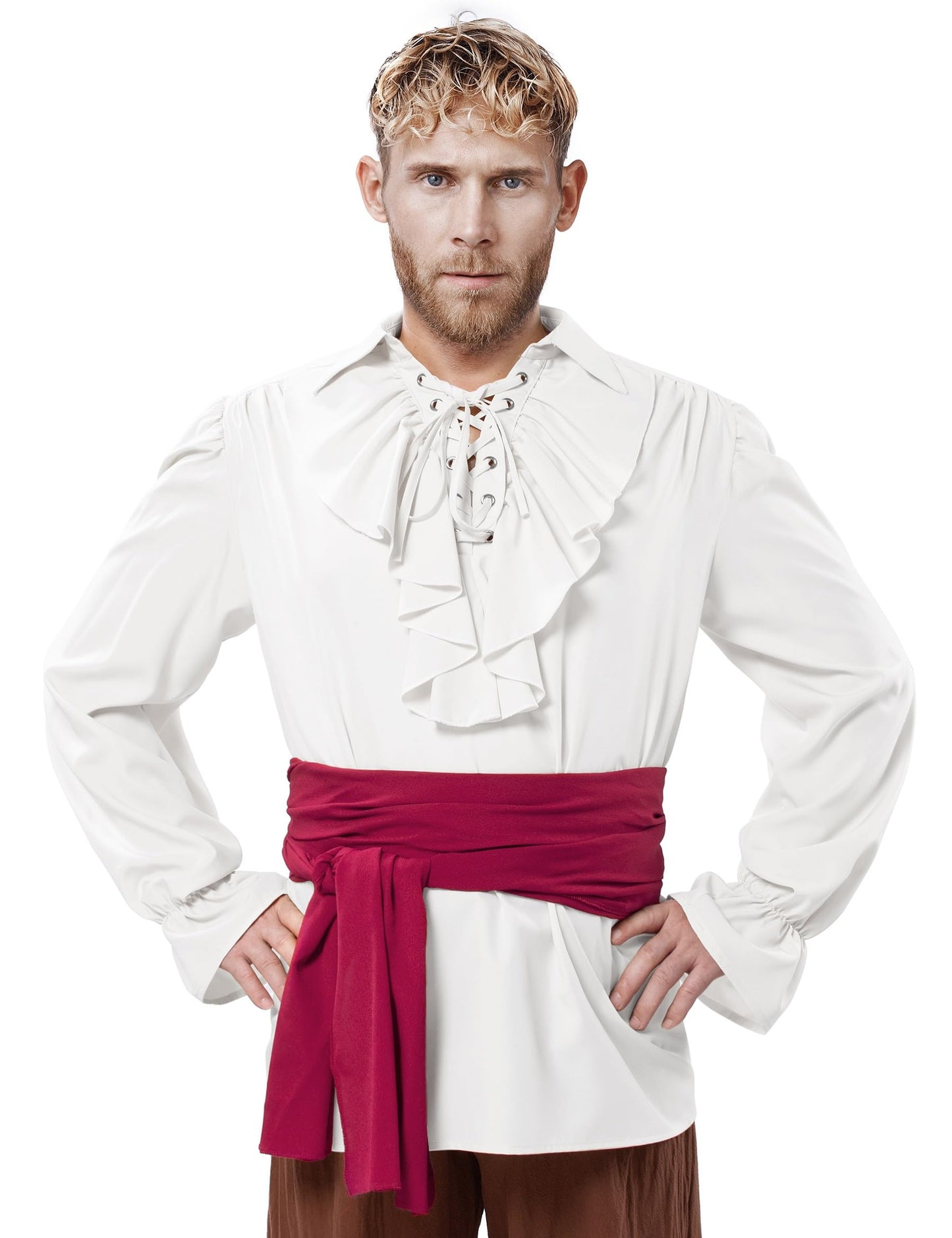 Irtysh Men's Renaissance Victorian Medieval Pirate Shirt Lace Up Colonial Steampunk Costume Tops Waist Belt Set(White S)