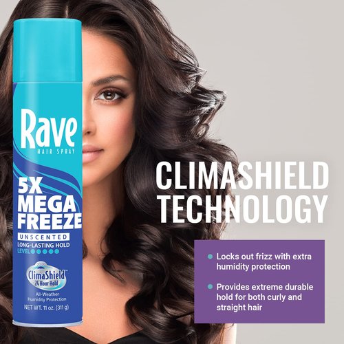 Rave Unscented Aerosol Hairspray - 5X Freeze for Heat Protection, Volume & Shine | ClimaShield Humidity Control