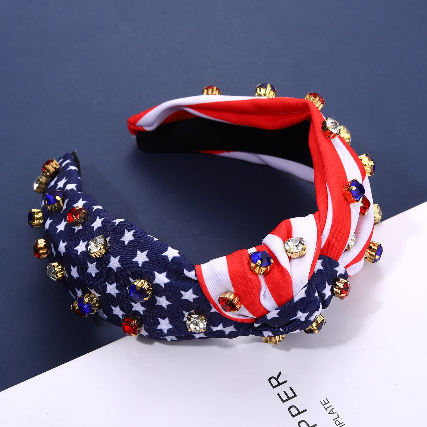 American Flag Headband Patriotic Rhinestone Cross Knotted Turban Hair Hoop 4th of July Crystal Twist Velvet Wide Hairband Party Hair Accessory