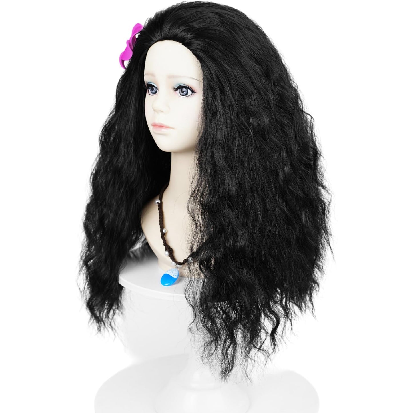 Wiggy Mermaid 50cm Long Black Curly Wig Frizzy Princess Wig with Necklace + Flower-clip for Kids Girls Toddlers Halloween Costume Cosplay