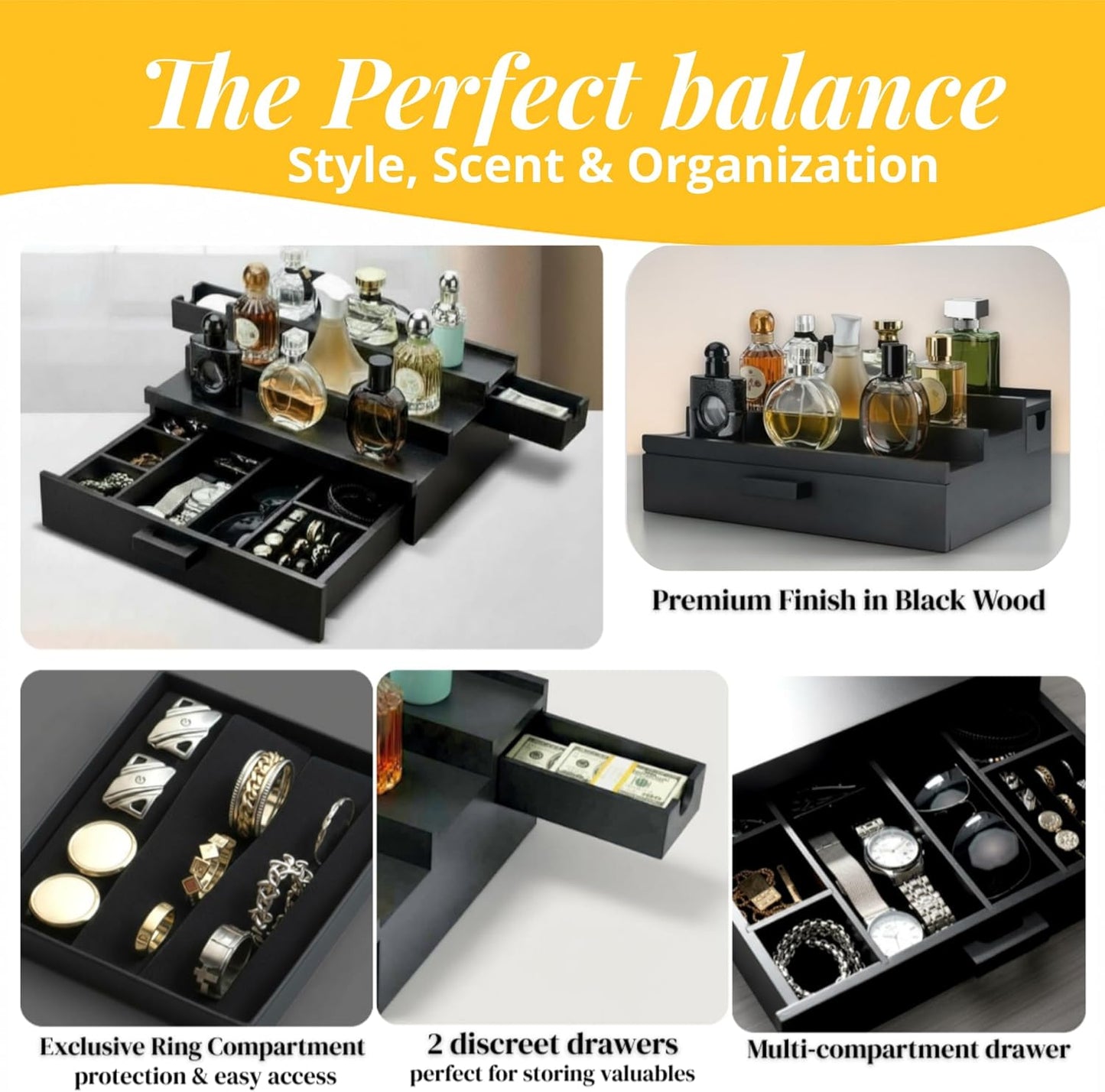 Skiennix Cologne Organizer for Men - Premium Stand with 2 Side-Opening Drawers & Jewelry Storage | Perfect Gift Idea