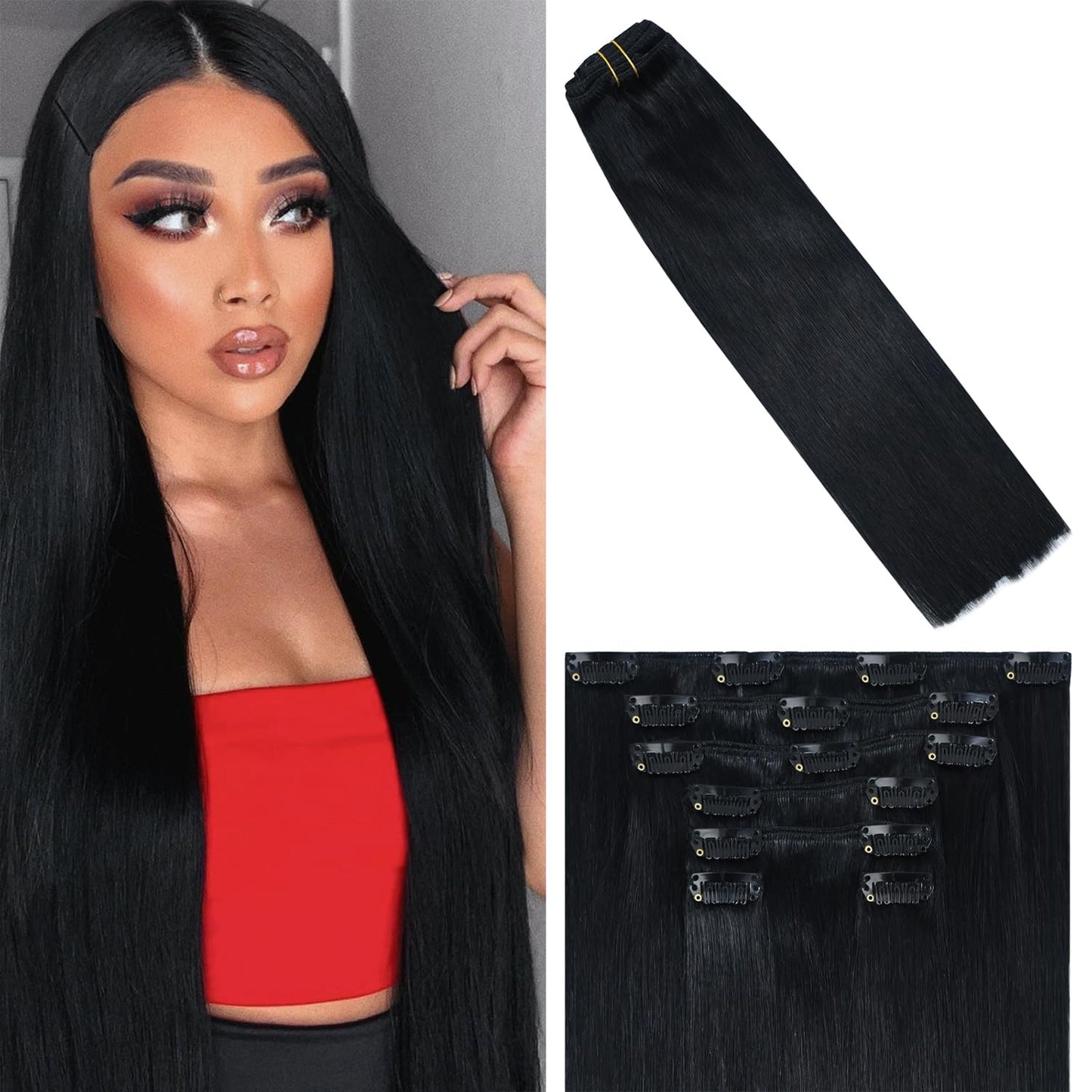 WindTouch Clip in Hair Extensions 100g Human Hair Extensions 7pcs 20inch #1 Jet Black Human Hair Extensions Clips Hair Extensions Real Human Hair