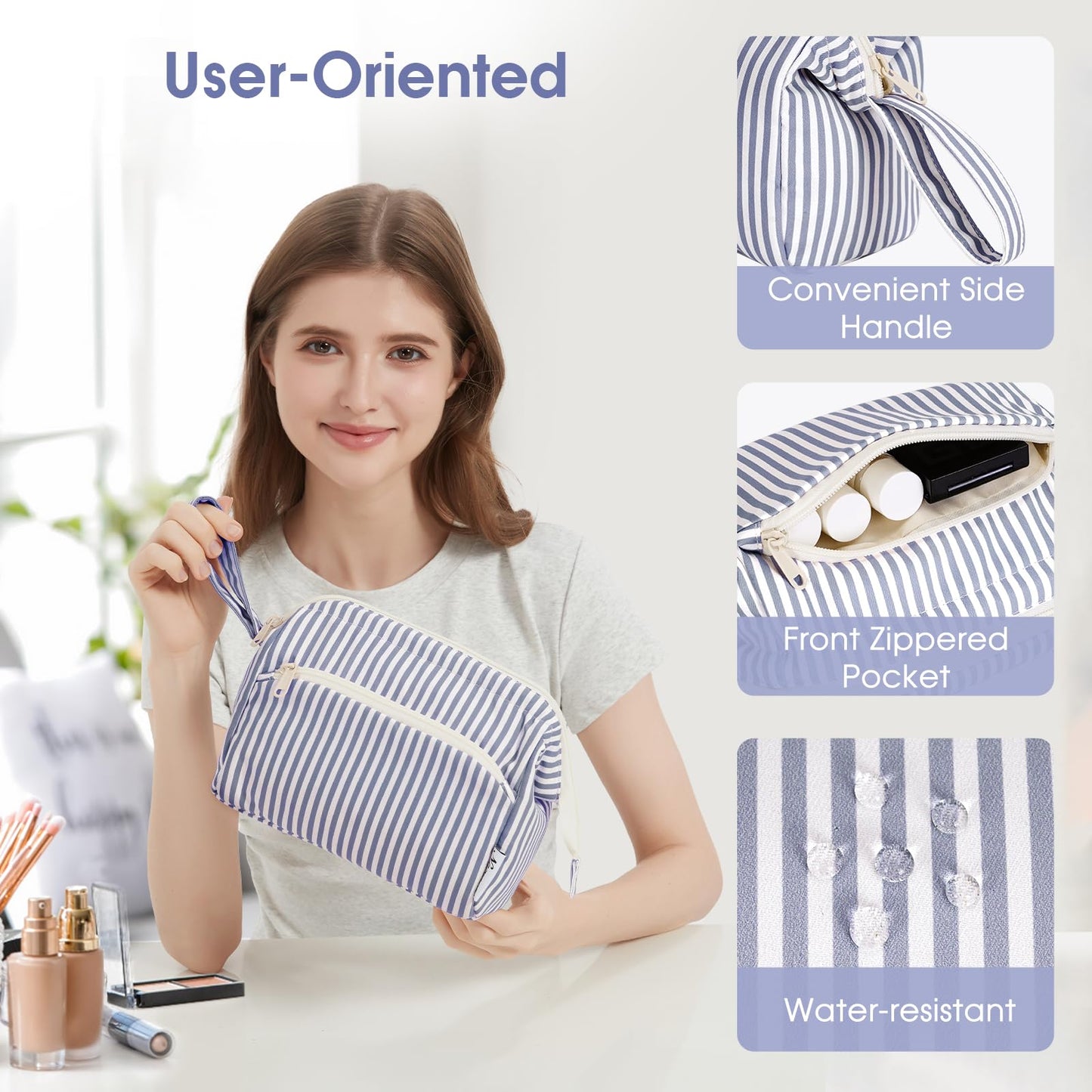 Narwey Striped Wide Open Makeup Bag Women, Travel Toiletry Bag for Women Cosmetic Bag Organizer Make up Bags with Compartments, Gift for Teen Girls (Greyish Blue Stripe)
