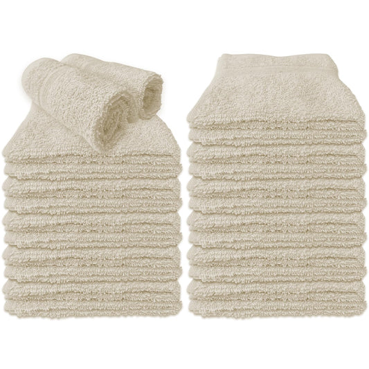 Homewear High Rise Stripe Wash Cloth Set, 12 x 12 Inch - 100% Cotton - Pack of 24, Premium Quality, Gentle and Soft - Ivory