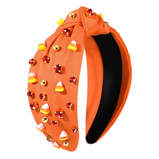 Halloween Headbands for Women Halloween Accessories Beaded Boo Trick or Treat Knotted Headband Embellished Rhinestone Pearl Top Knot Headbands Halloween Costume Party Hair Accessory (Candy Corn)