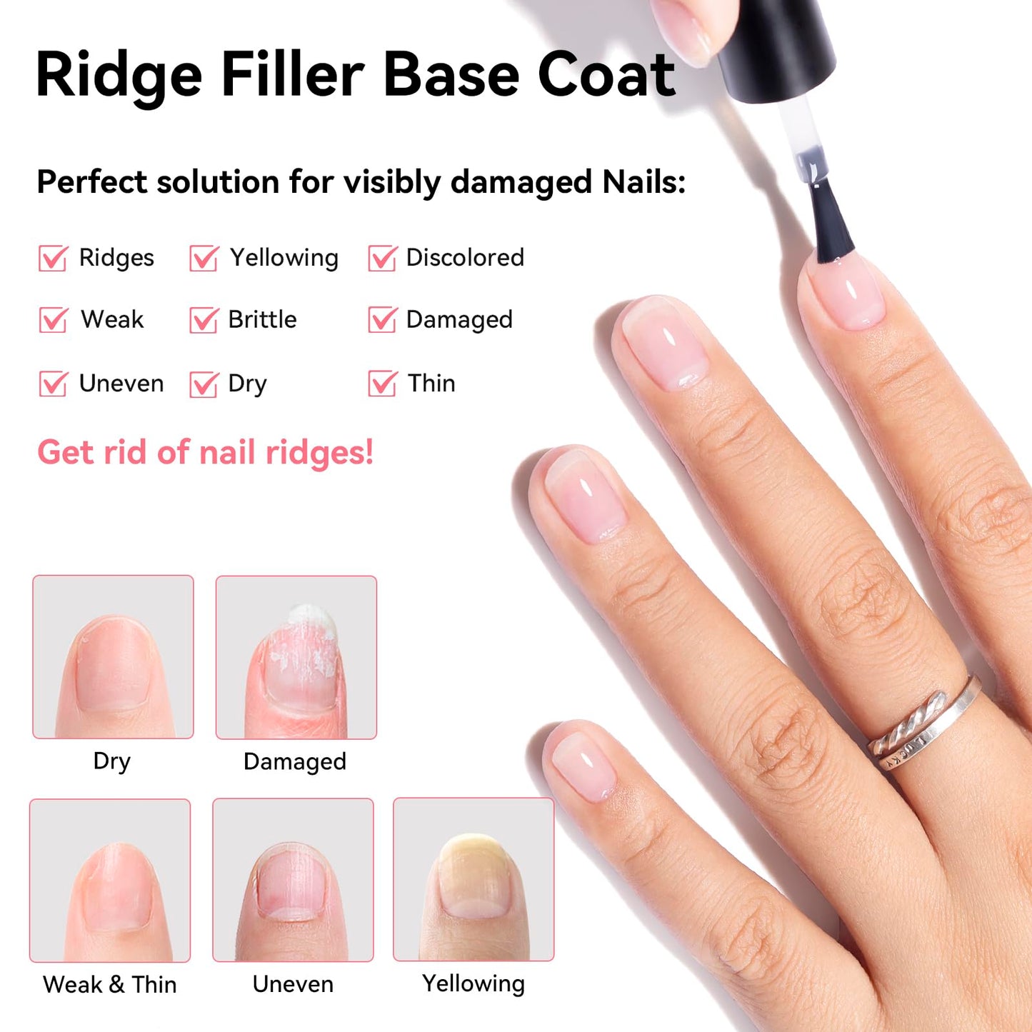 Ridge Filler Base Coat 3-in-1 Nail Strengthener Growth for Damaged Uneven Nails & Ridges, Nourish VE & Protein-Fortifying Leveling Base for Smooth, Flawless Polish | Vegan Cruelty Free