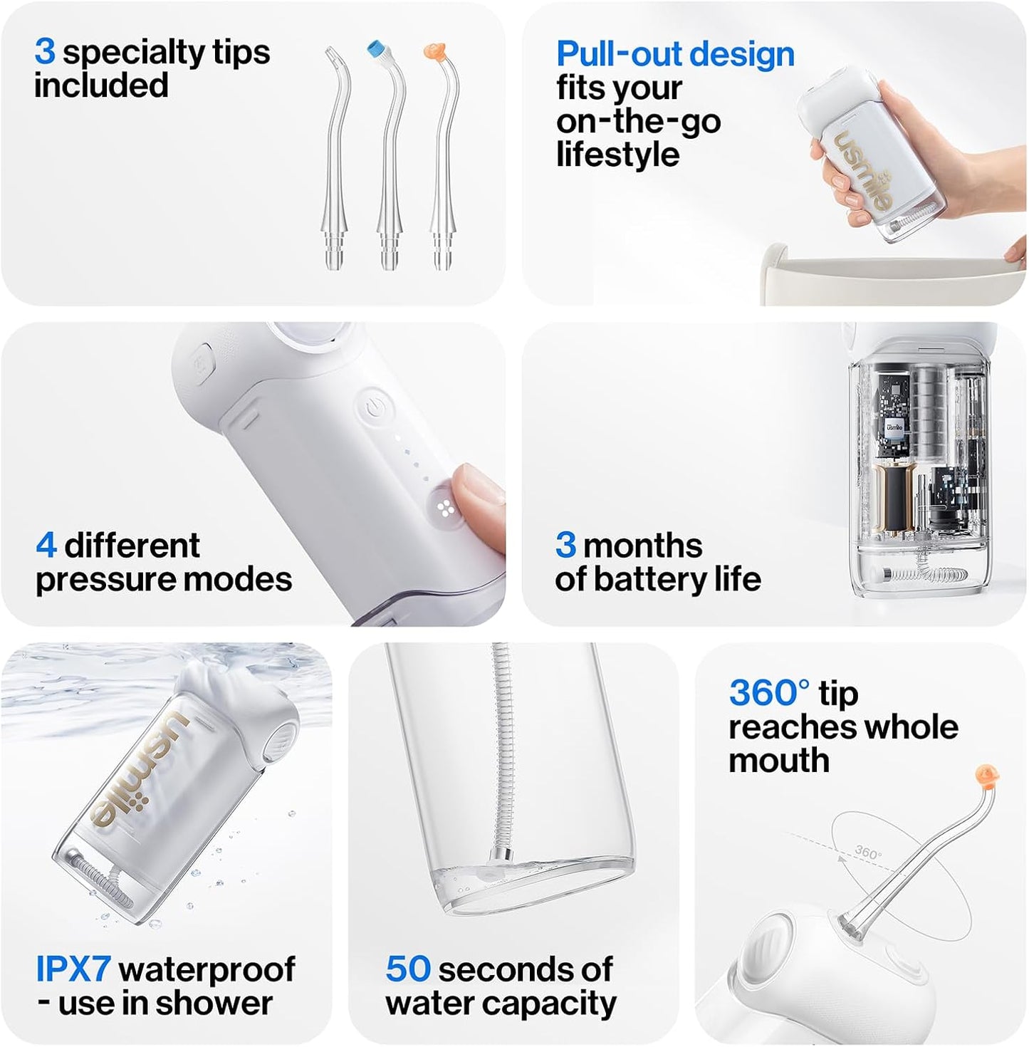 Usmile C10 Portable Water Flosser - Travel-Friendly Design, 95-Day Battery, 4 Modes, 180ml Tank, IPX7 Waterproof (White)