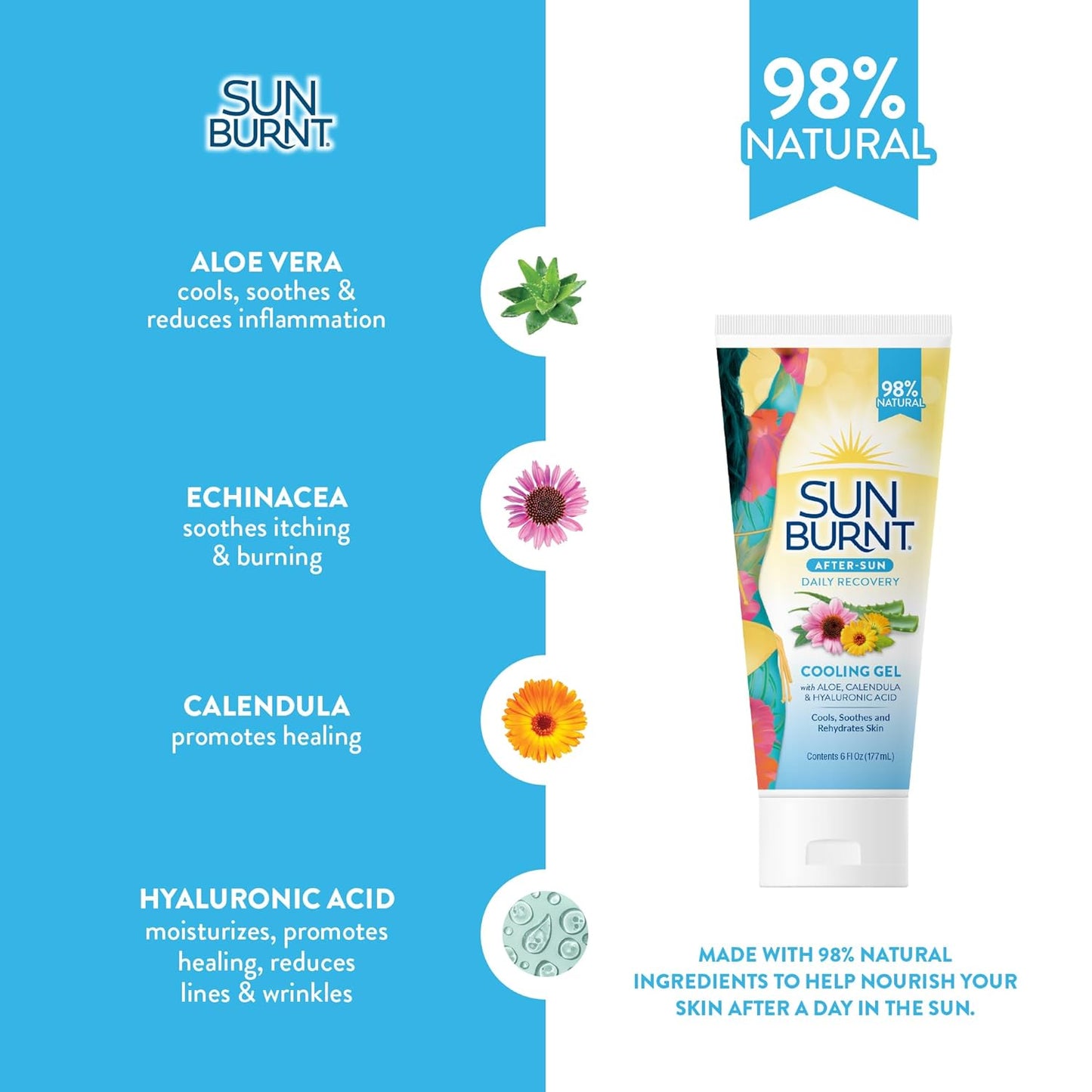 Sunburnt Aloe Vera Gel - Ultra Hydrating Formula for Soothing Skin - 6 Ounce Clear Bottle