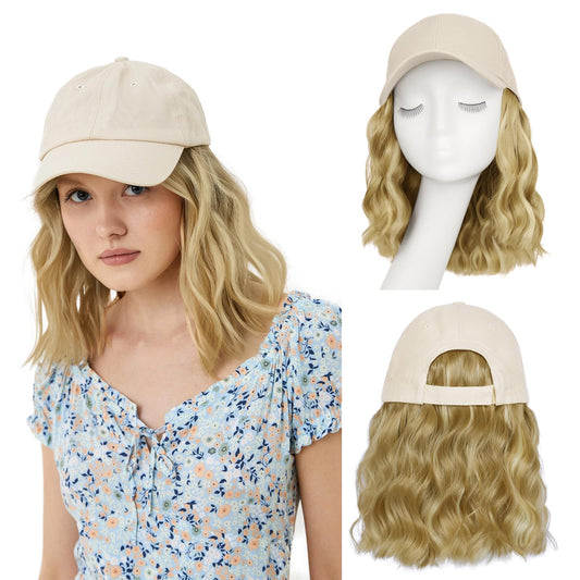 FORCUTEU Hat Wigs for Women Baseball Cap with Hair Extensions Short Wave Curly Synthetic Baseball Cap Wig Adjustable Hat with Hair Attached for Daily Use(Brown Mixed Blonde)