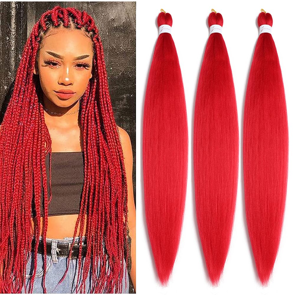 Pre Stretched Braiding Hair 26 Inch Ombre Red Kanekalon Braiding Hair Extensions Hot Water Setting Crochet Box Braids Hair (26 Inch (Pack of 3), Red)