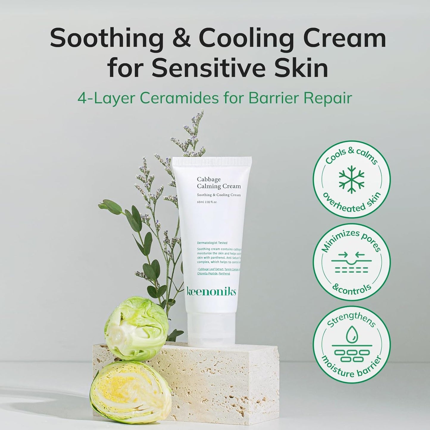 Keenoniks Cabbage Calming Cream - Instantly Hydrate & Tighten Pores - Korean Moisturizer for Sensitive Skin - 60ml