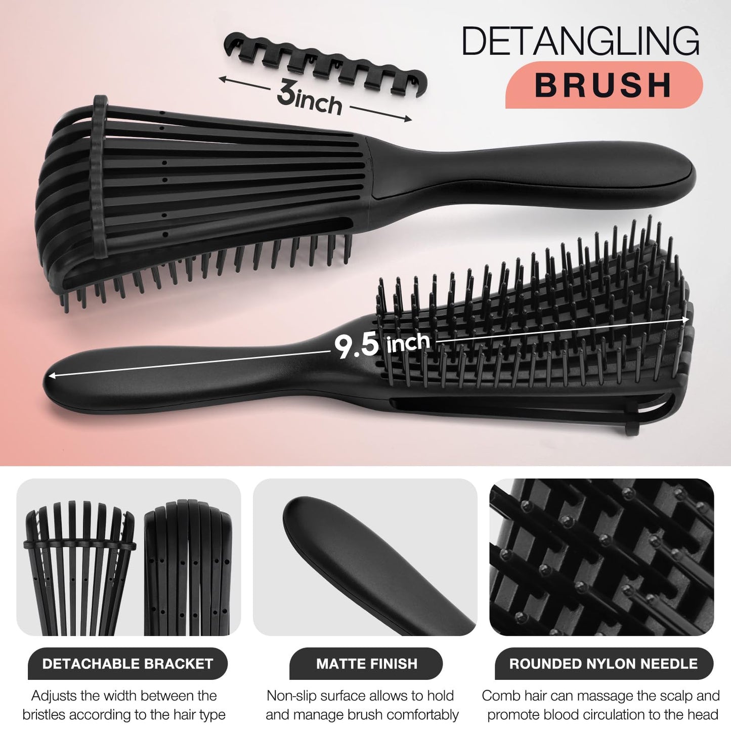 Hommtina Detangling Brush Set with Hair Spray bottle, Hair Brushes for Women and Kids Curly Hair (3 PCS, Black+Red)