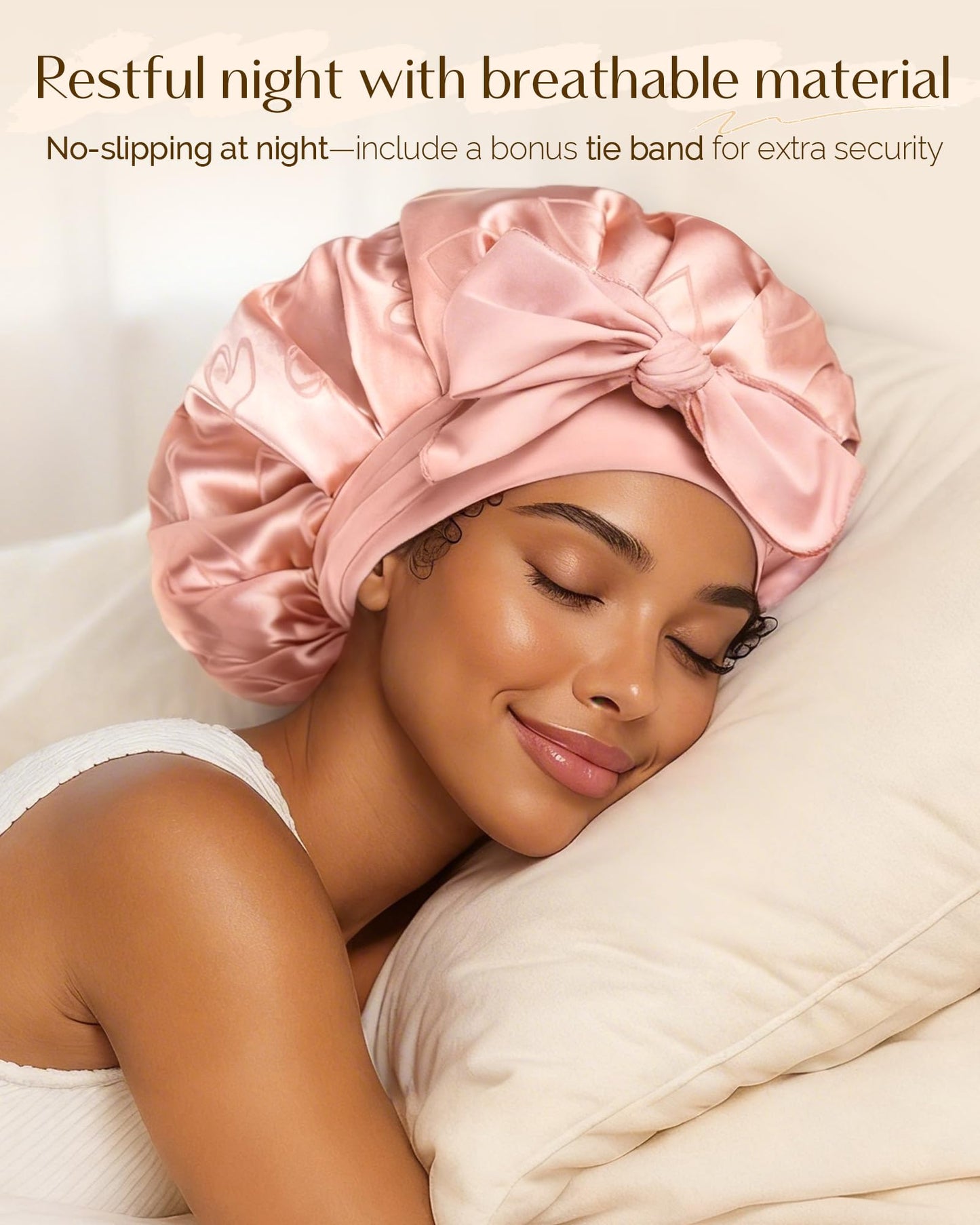 YANIBEST Adjustable Satin Bonnet for Sleeping, Double Layer Silk Bonnet with Tie Band for Women, Sleep Cap Curly Natural Hair, Pink