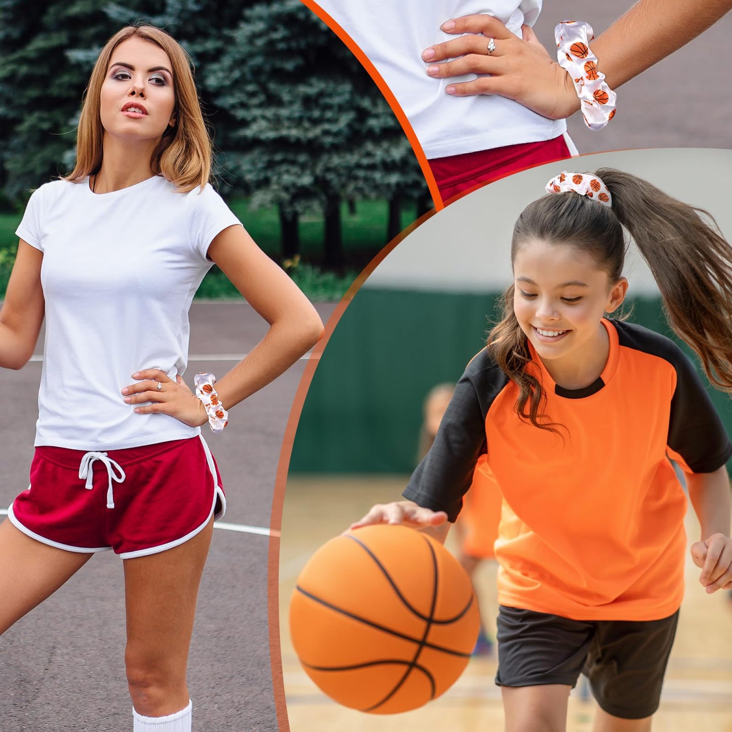 Moukeren 24 Basketball Stuff Set Cosmetic Bags Sport Makeup Bags Pencil Case Portable Storage Case Satin Sport Hair Scrunchies Elastic Hair Bands Basketball Gifts for Girl (White,Sports)