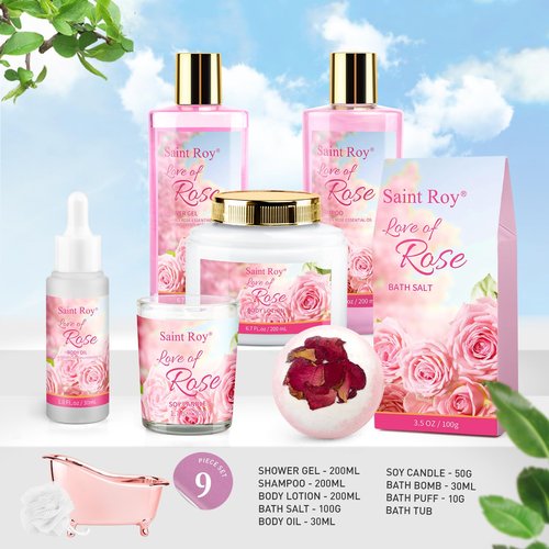 bath Gifts for Her Rose scents Mother Gift Bath Set for Women, Luxury Home Spa Kit Rose Bath Gift Basket, Includes Shower Gel, Body Lotion, Bath Bomb, Spa salts and More, Christmas Gift