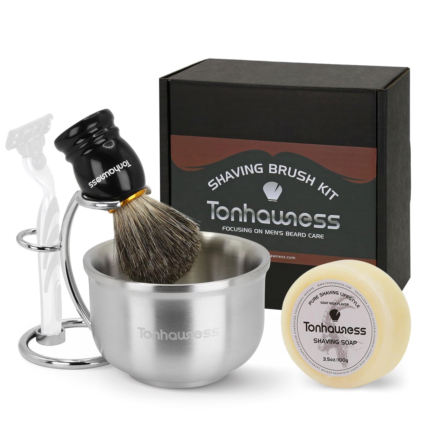 Shaving Brushes Kit For Men, 4 In 1 Shaving Brush Set Includes Nylon Bristle Shaving Brush, Sandalwood Shaving Cream, Stainless Steel Shaving Bowl and Stand
