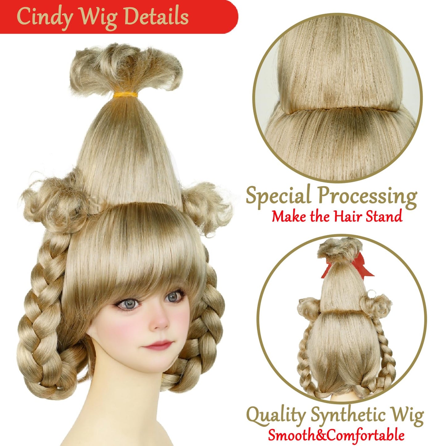 Kids Blonde Braided Wig with Red-bow Earrings, Christmas Cindy Wig with Accessories for Halloween Christmas Costume Party