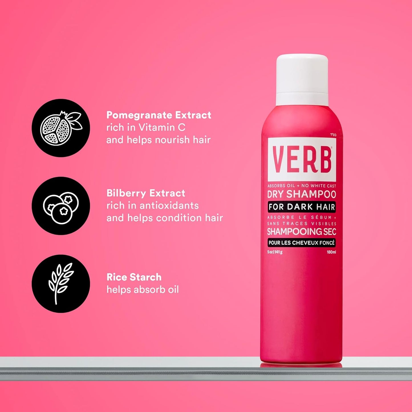 VERB Dry Shampoo Dark – Refresh, Absorb Oils + Extends Styles - Refreshing Dry Shampoo Spray for Dark Tones - Vegan, No Parabens or Harmful Sulfates