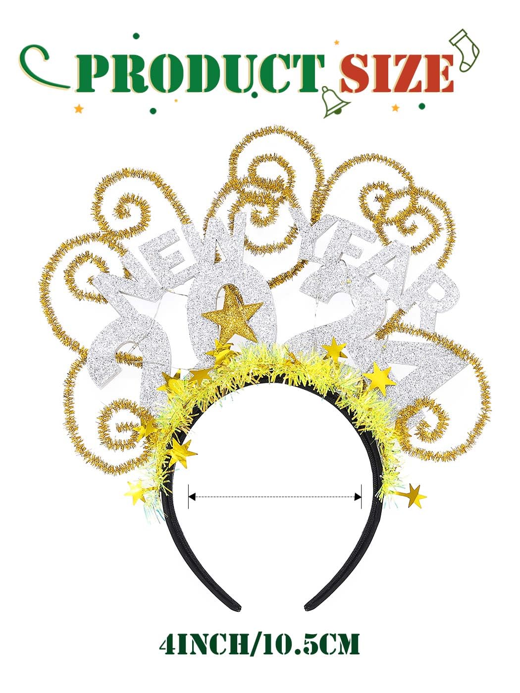 TWINKLEDE Light Up 2024 New Year Headband Green Glitter Hair Hoop Christmas Hair Bands for Women and Girls (Silver)