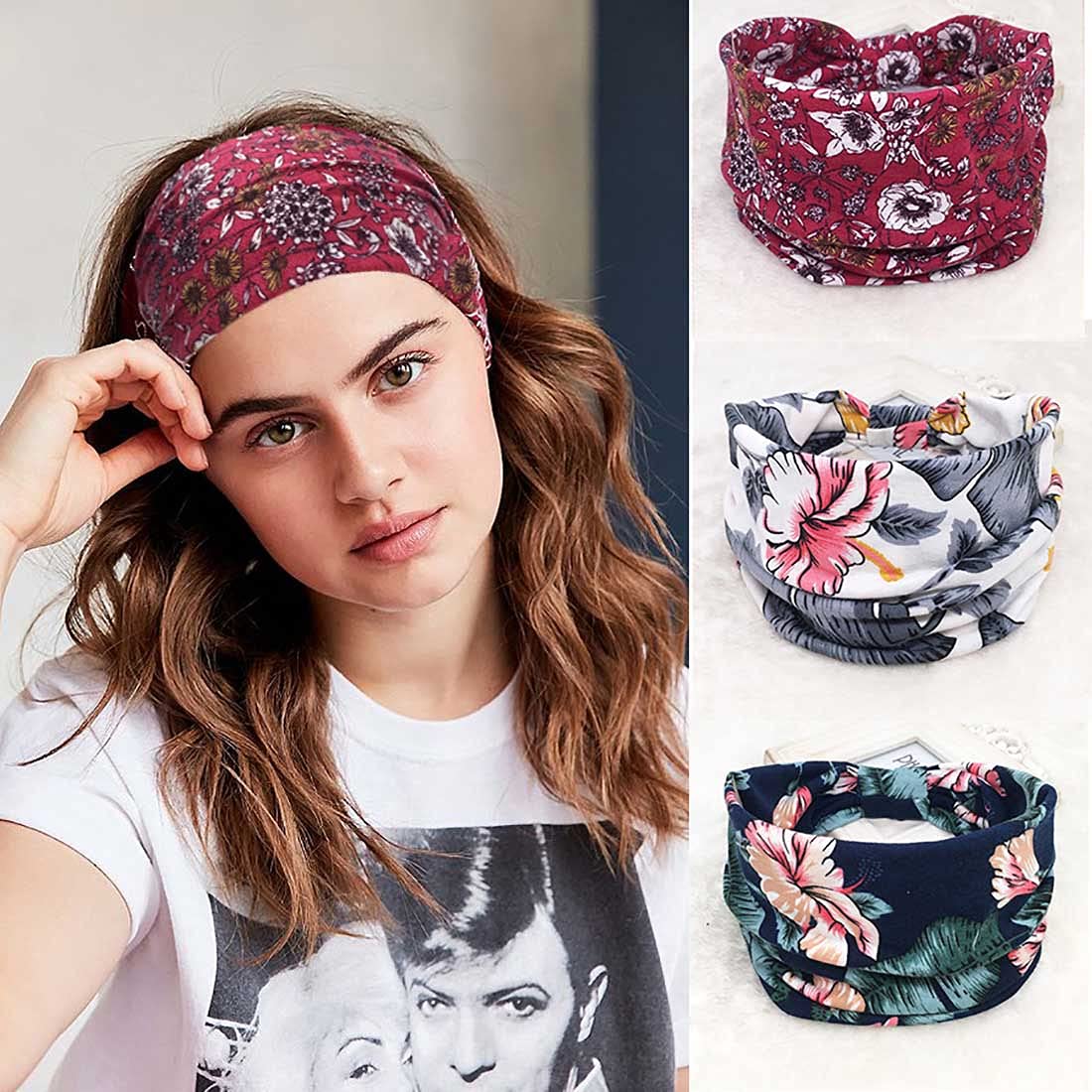 Tayel 3 Pieces Boho Wide Turban Flower Print Headbands Red Knot Elastics Yoga Workout Head Wraps for Women and Girls (Floral 1)