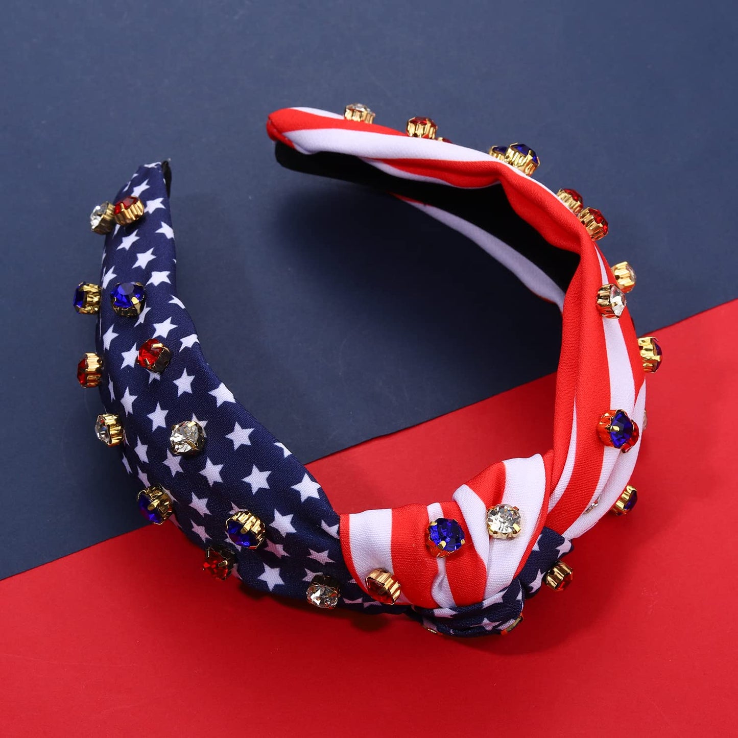 American Flag Headband Patriotic Rhinestone Cross Knotted Turban Hair Hoop 4th of July Crystal Twist Velvet Wide Hairband Party Hair Accessory