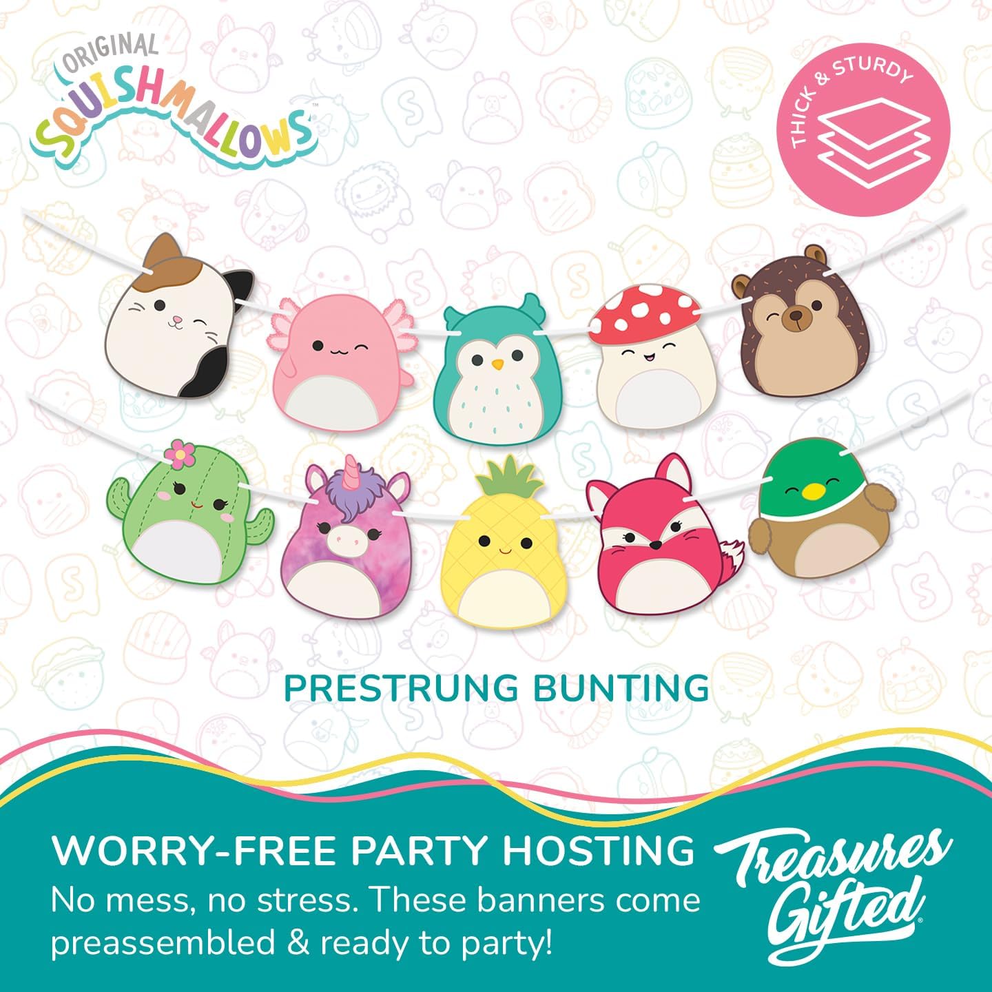 Treasures Gifted Officially Licensed Squishmallows Party Supplies Banner - (1) Pre-strung Banner - Squishmallows Birthday Decorations