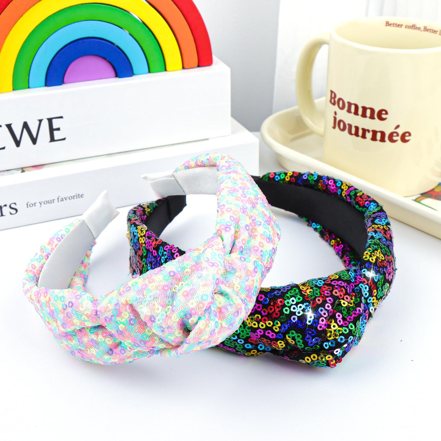 Lanmerry Knotted Headband for Women Rainbow Pride Accessories Sequins Square Headband Glitter Hairbands Girls Fashion LGBTQ Tween Girls Gifts 2Pcs Sparkly Hair Hoop