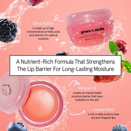 Grace & Stella Award Winning Lip Plumper Nourishing Berry Lip Mask - Lip Balm Hydrating - Lip Moisturizer For Very Dry Lips - Overnight Lip Mask & Lip Treatment & Lip Sleeping Mask - Vegan