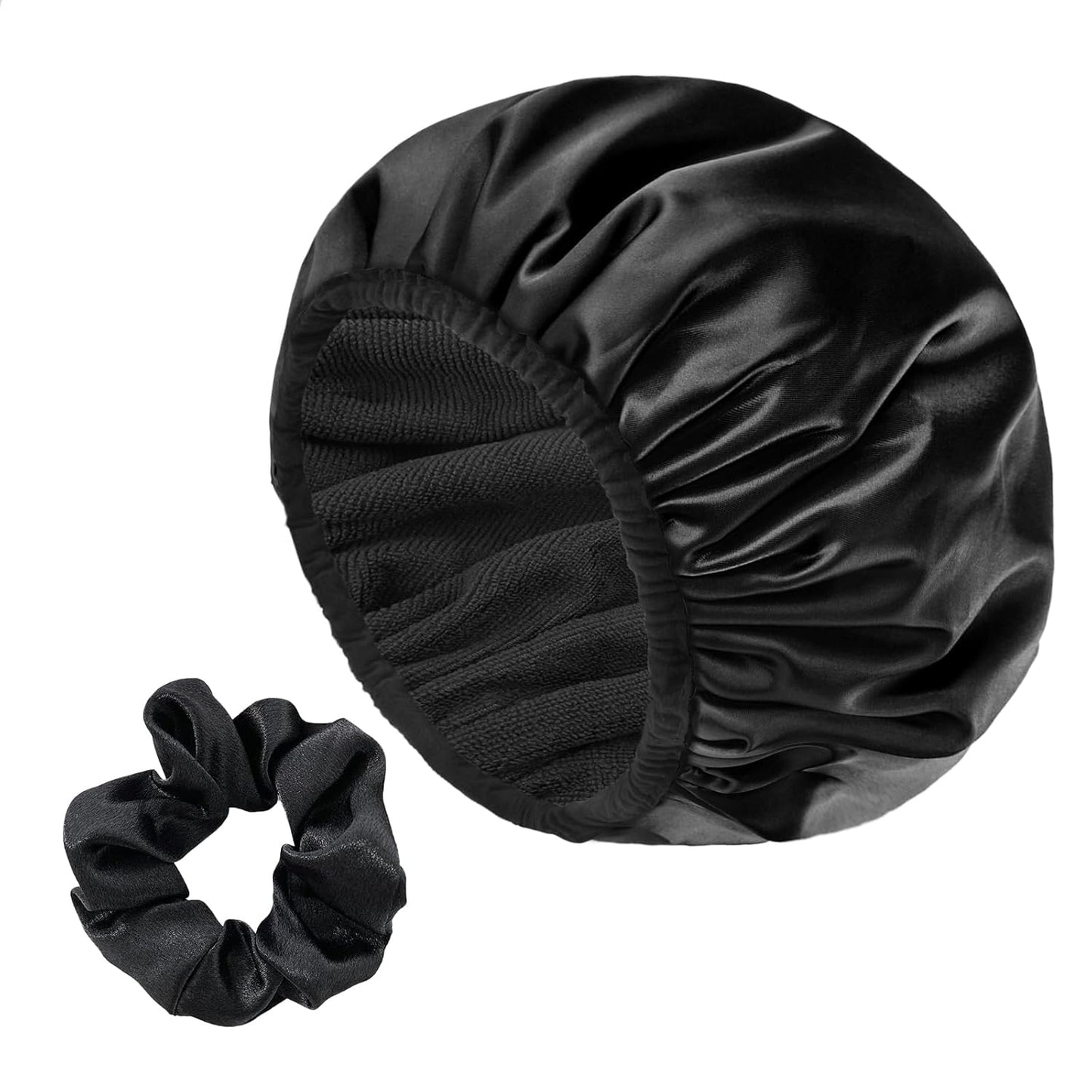 Skiennix Satin Shower Cap - Three-Layer Terry Cloth Lined, Waterproof & Reusable for Long Hair (Black)