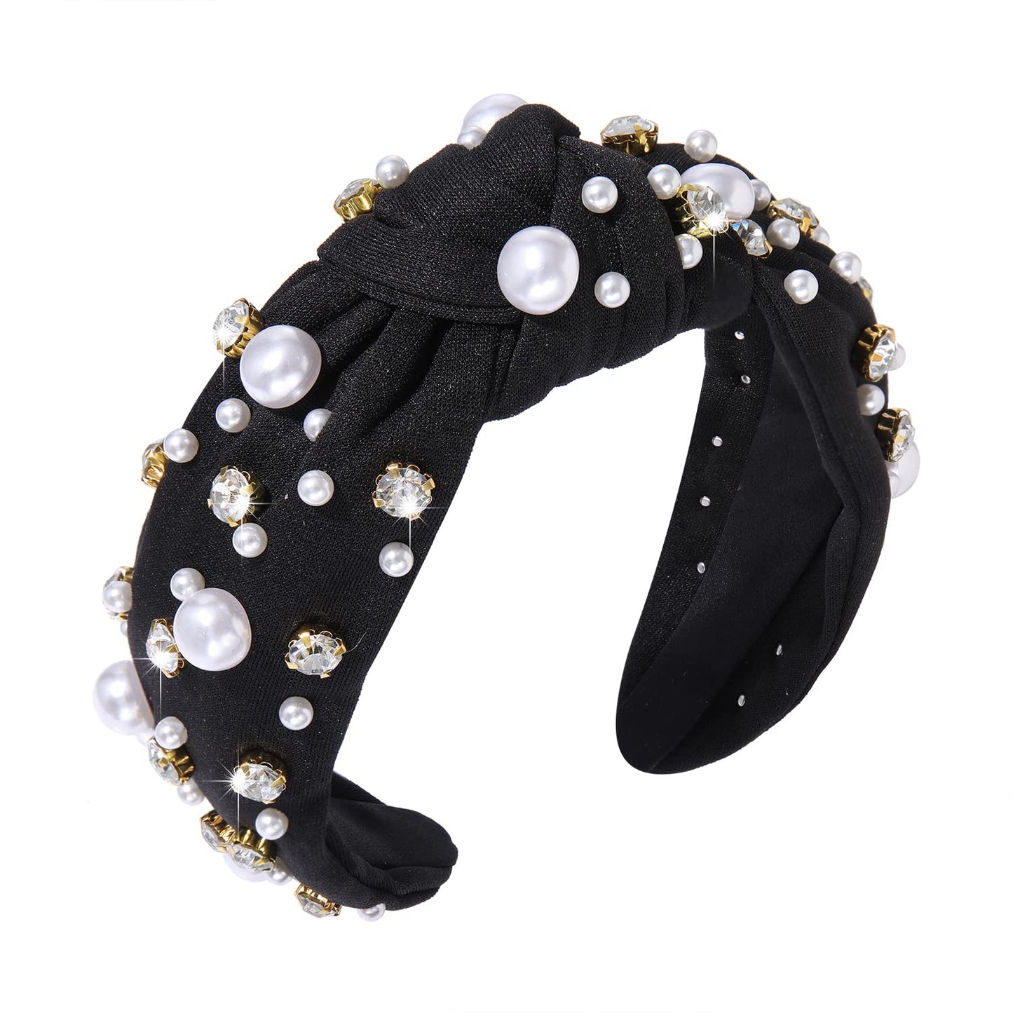 GLBCC Pearl Headband Sparkly Rhinestone Pearls Knot Hairband Wide Knotted Headband Headpiece Spring Summer Pink Black Headbands Headwear Accessories (black knot hairband)