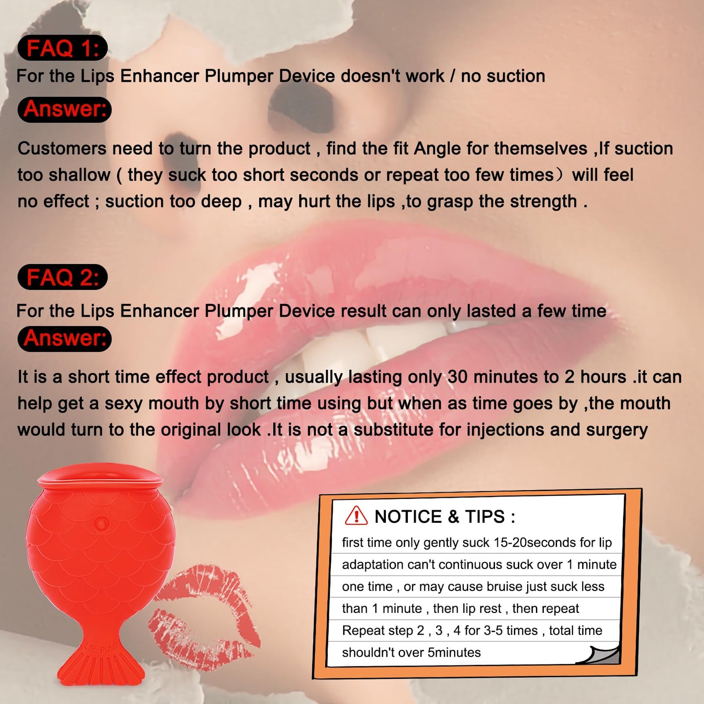 lip pump lip plumper lip enhancer，Soft Silicone Fish Shape Lips Enhancer,Fuller Thicker Mouth Fastly Lip Pumps Bigger Device for Women Female (RED)