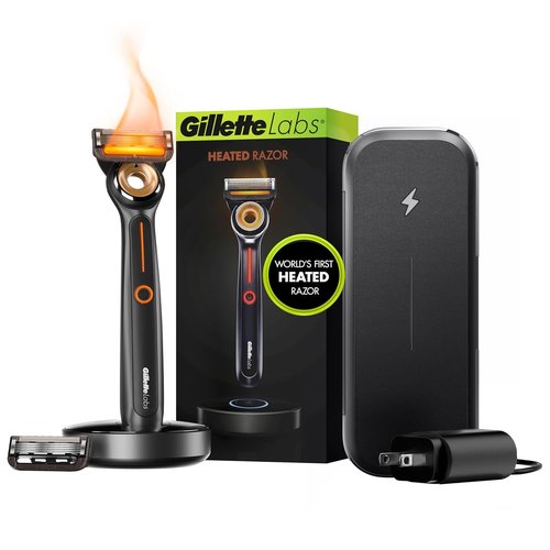 Gillette Heated Razor for Men - Deluxe Travel Shave Kit with Handle, 2 Blade Refills & Charging Dock