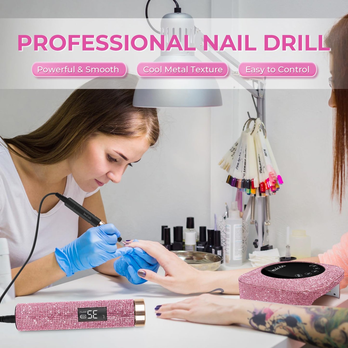 Professional Rechargeable Nail Drill Machine, Lavinda Diamond 35000RPM Electric Nail File Cordless Portable Nail Drill with Coreless Motor for Acrylic Nails, Manicure Pedicure Tool, Pink