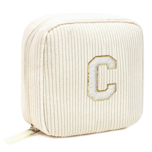 Birthday Gifts for Women Personalized Mini Makeup Bag Cosmetic Bag Travel Toiletry Bag Gifts for Girlfriend Bridal Shower Preppy Stuff for Teen Girls 15 14 13 Year Old Girl Gifts (Letter C, Beige)