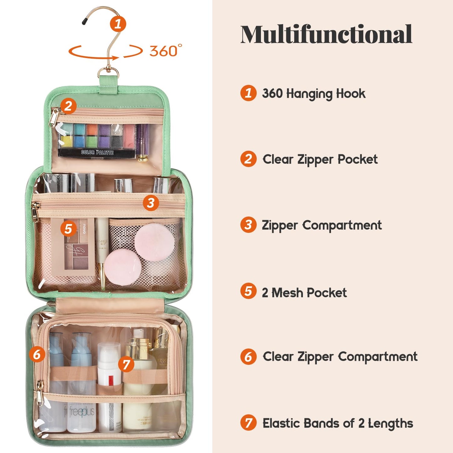 CUBETASTIC Hanging Travel Toiletry Bag, Portable Green Makeup Bag with Handle, 3 Compartment Small Travel Bag for Toiletries Waterproof Leather Cosmetic Organizer Pouch with 360° Hook