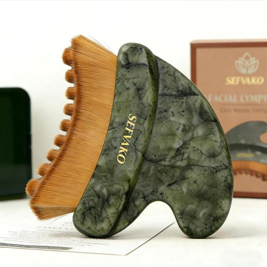 Skiennix Lymphatic Contour Face Brush - Dual-Ended Dry Brush & Cool-Touch Jade Gua Sha Edge | Ultra-Soft Bristles for Sculpting & Relaxation