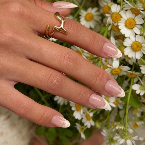 BTArtbox French Tip Press On Nails - Sunprint Dress, Lamp-Curable 4-Week Wear Pink Short Almond Press On Nails with Glue and Adhesive Tabs, Easy-to-Apply in 16 Sizes - 32 Nails All-in-One Kit