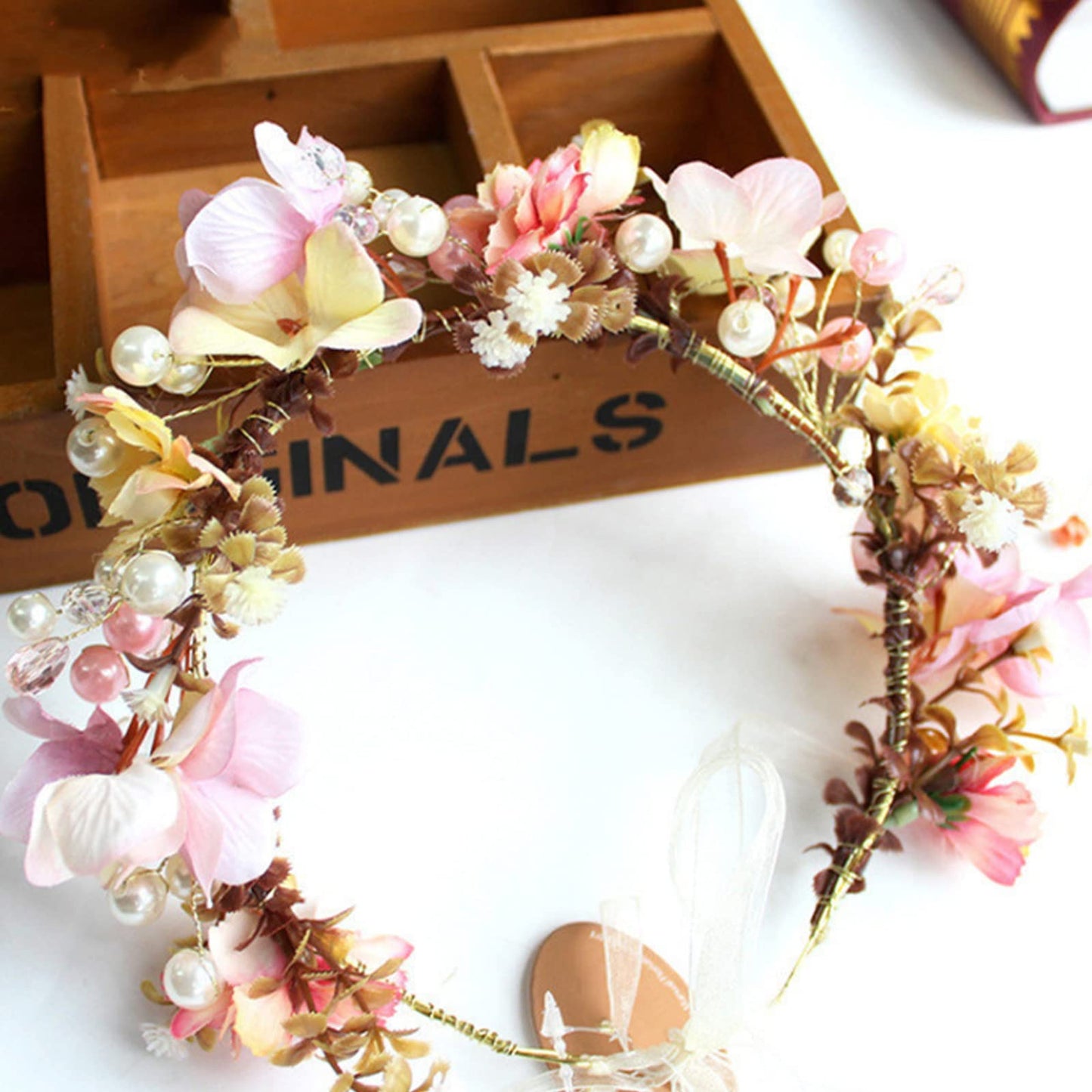 YnimioAOX Handmade Adjustable Flower Wreath Headband Halo Floral Crown Garland Headpiece,N8-pearl pink