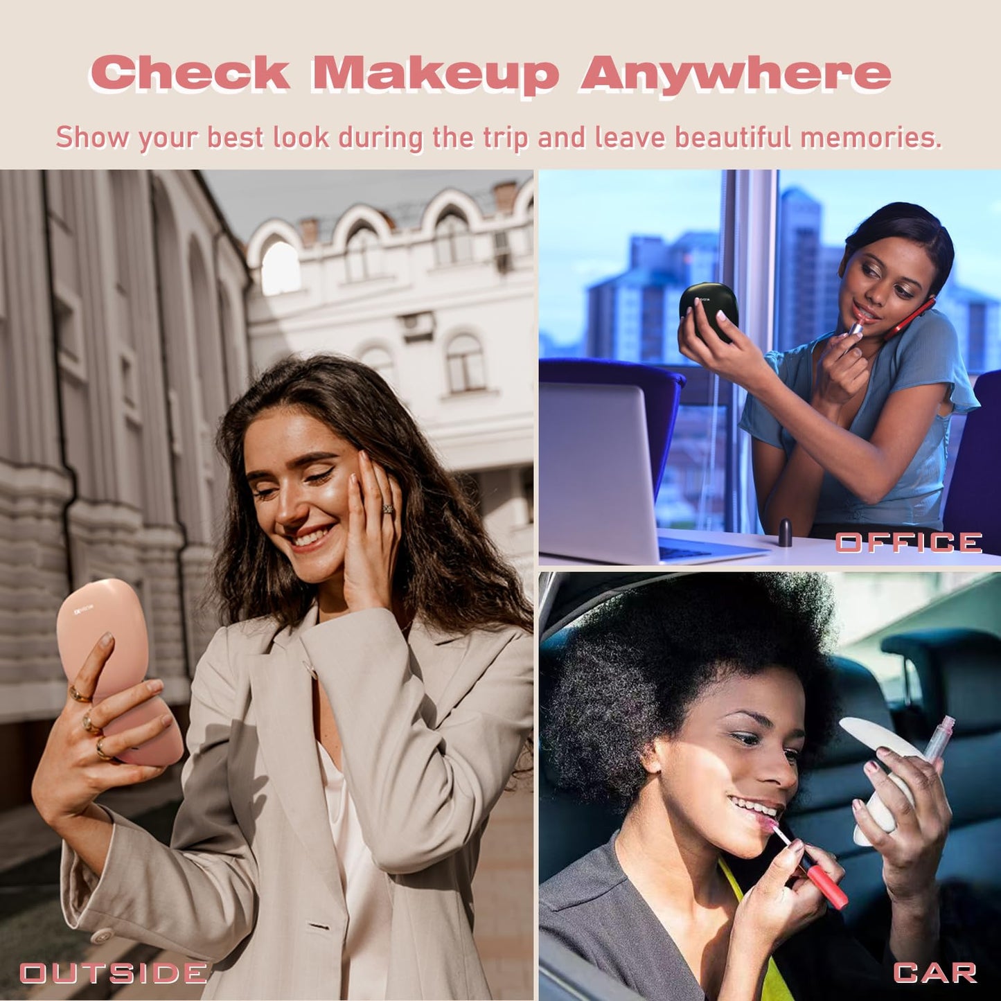 WUSHXI Portable LED Makeup Mirror - Compact Travel Mirror with Light, 10X Magnification, Adjustable Brightness, Rechargeable, for Her, Travel Accessories for Women, Ideal for Purse