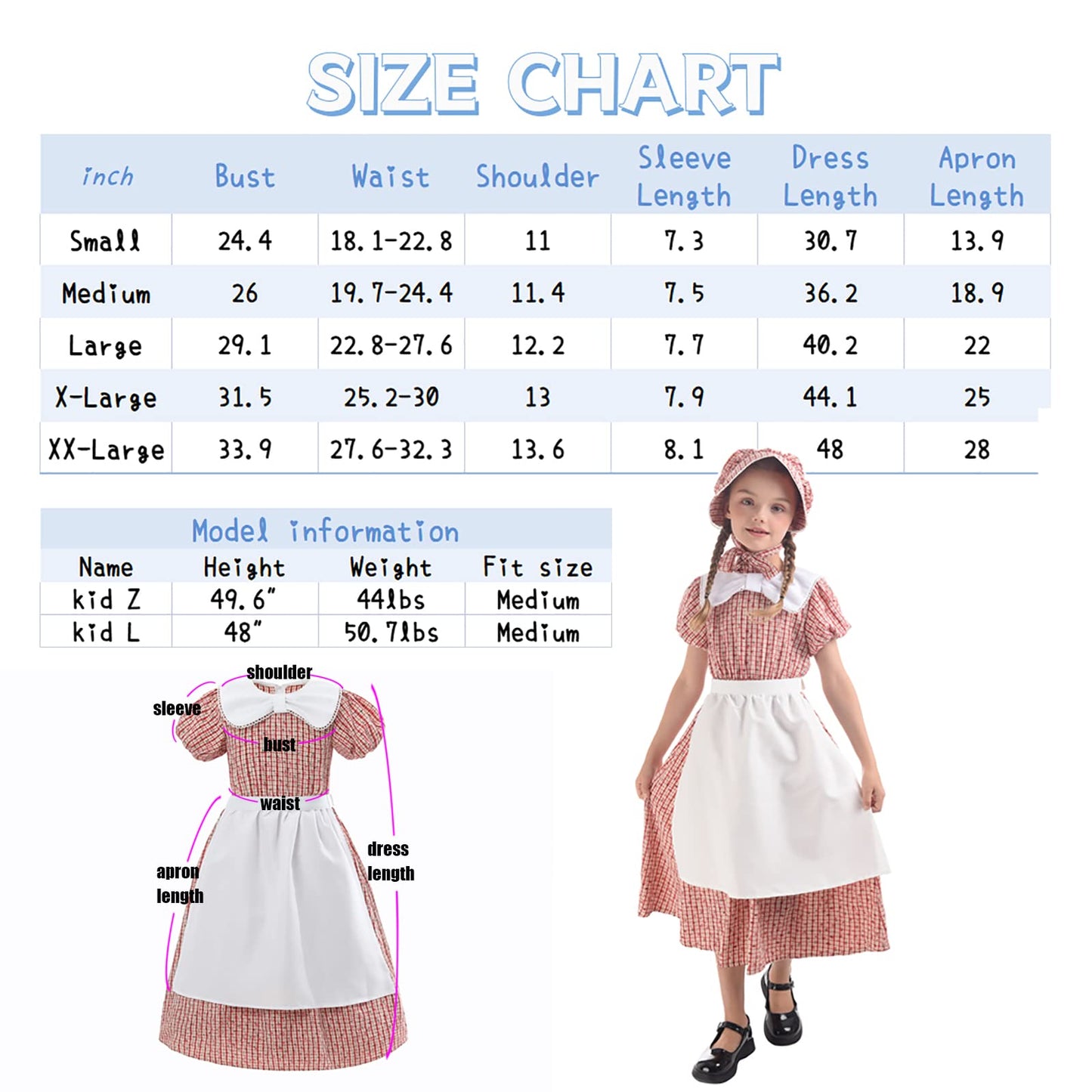 LTAKK Prairie Dresses Girls Pioneer Colonial Costume Girl Pilgrim Dress with Apron and Bonnet, Red Plaid Floral, XXL