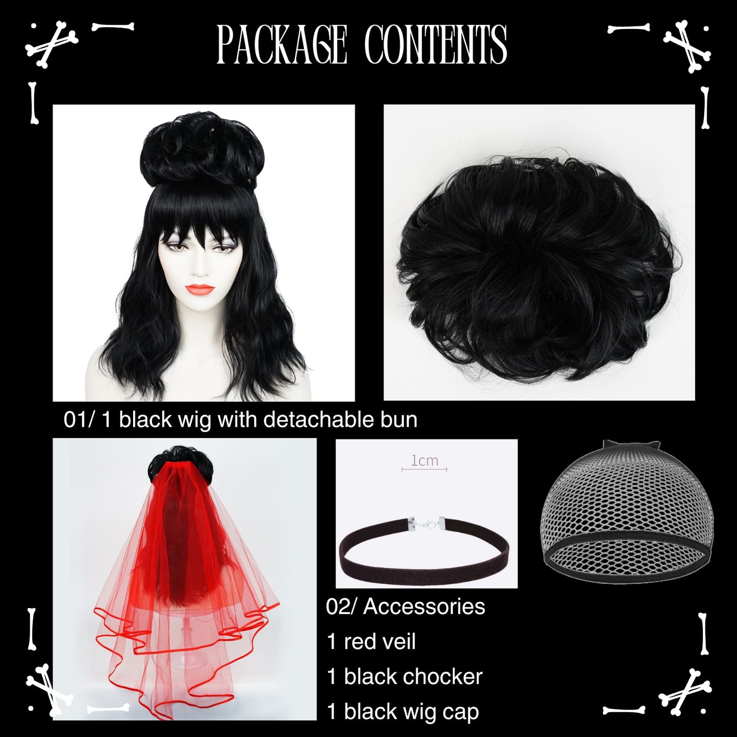 Wiggy Mermaid Black Lydia Wig with Red Veil, 40cm Long Black Wavy Bride Wig Goth Wig with Detachable Bun + Wig Cap for Halloween Costume Party Cosplay